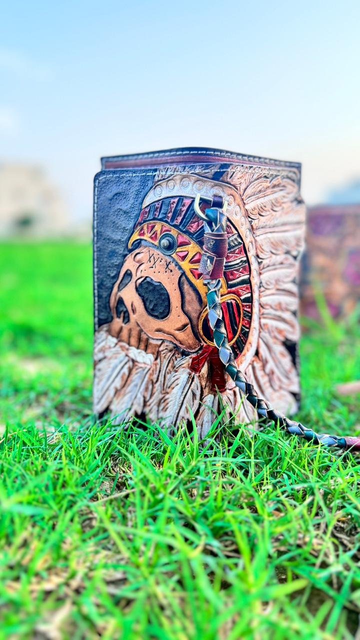 Men’s Wallet high quality leather, hand carved red Indian skull design with rope.