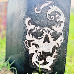 Men’s Wallet high quality leather, hand carved embroidery skull design.