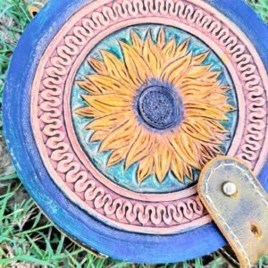 Women’s Wallet high quality leather, hand carved Sun flower design