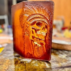 Men’s Wallet high quality leather, hand carved red Indian skull design.