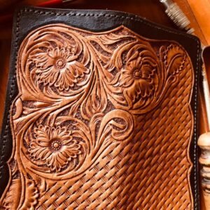 Men’s Wallet high quality leather, hand carved Sheridan design with basket weave