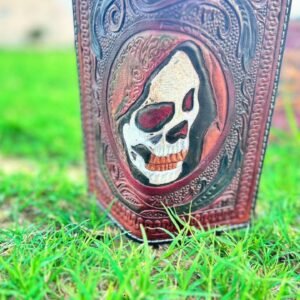 Men’s Wallet high quality leather, hand carved Halloween skull design with side carving minimal.