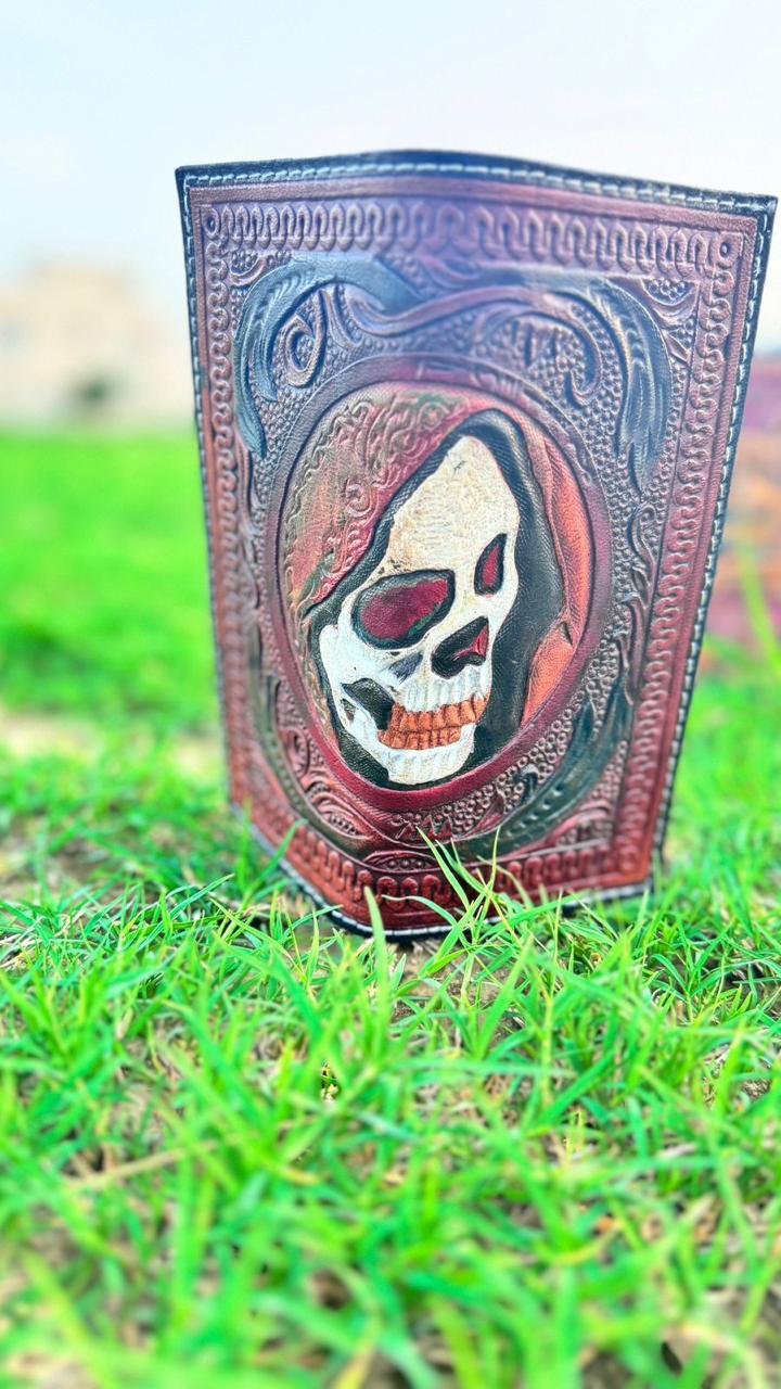 Men’s Wallet high quality leather, hand carved Halloween skull design with side carving minimal.