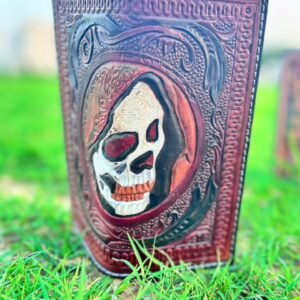 Men’s Wallet high quality leather, hand carved Halloween skull design with side carving minimal.